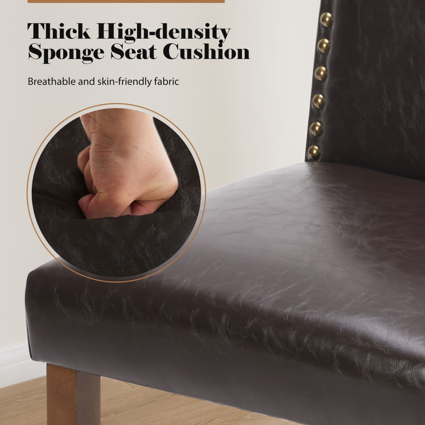 Living Room, Upholstered Leather Dining, Parsons Nailhead Trim and Wood Legs（2PCS）