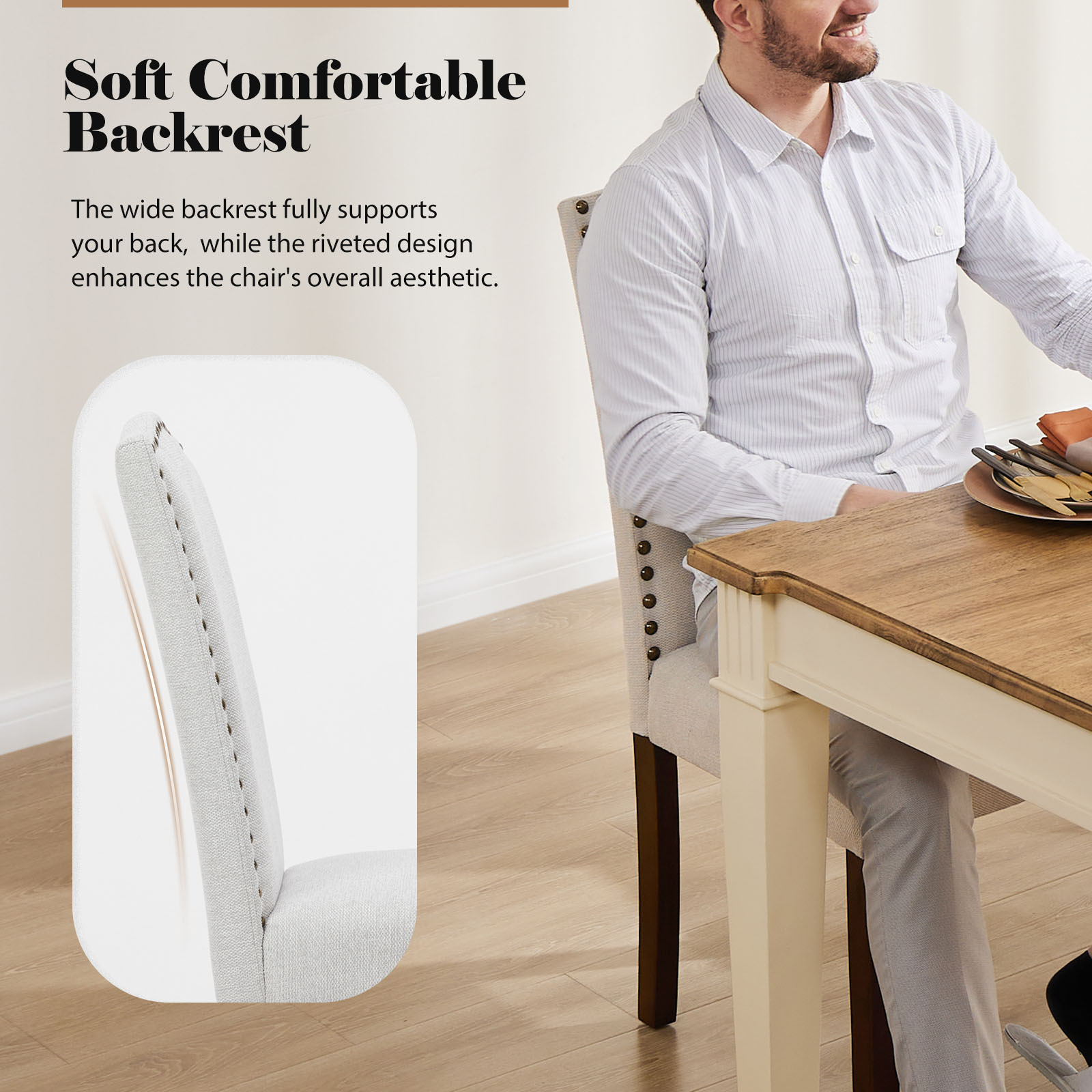 Living Room, Upholstered Leather Dining, Parsons Nailhead Trim and Wood Legs（2PCS）