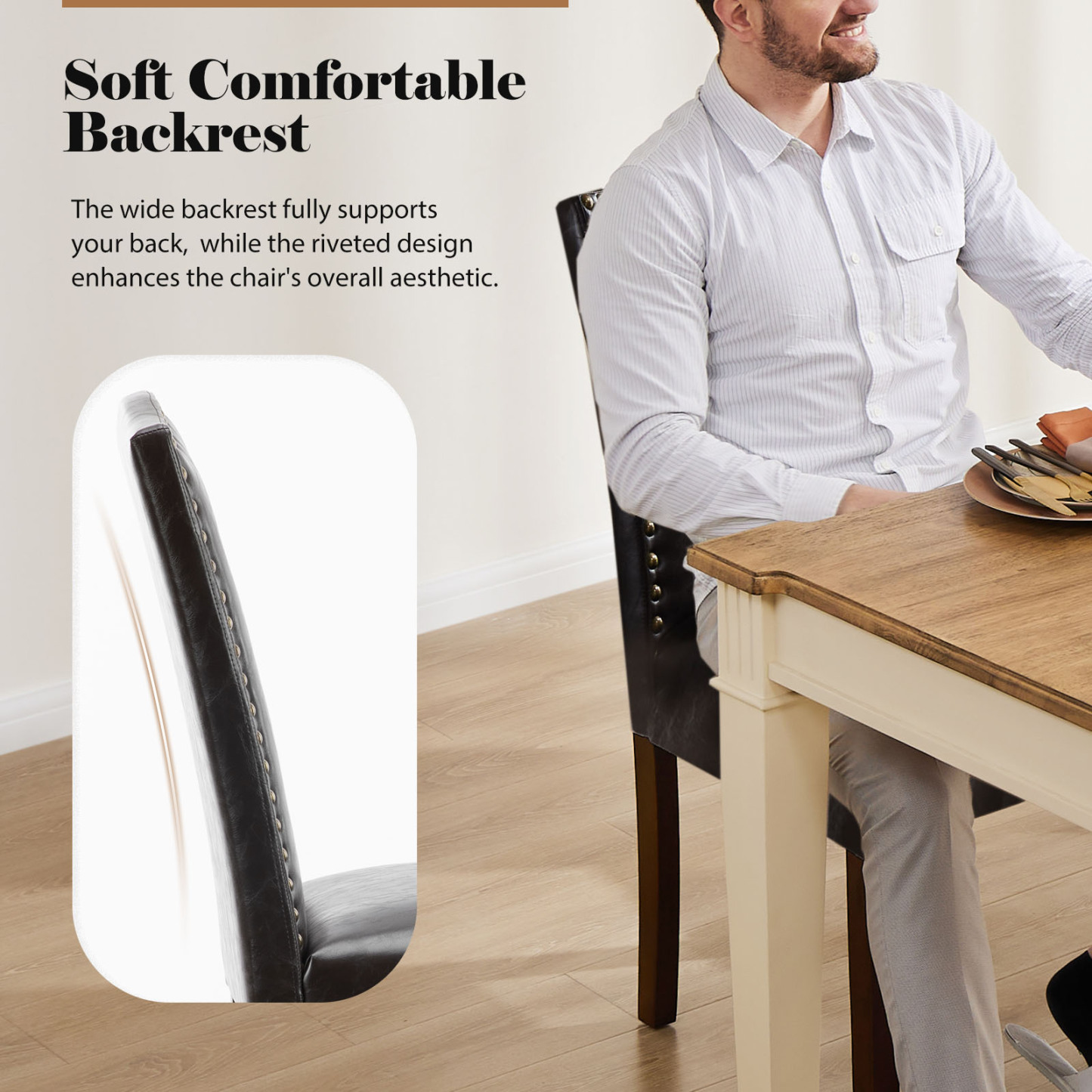 Living Room, Upholstered Leather Dining, Parsons Nailhead Trim and Wood Legs（2PCS）