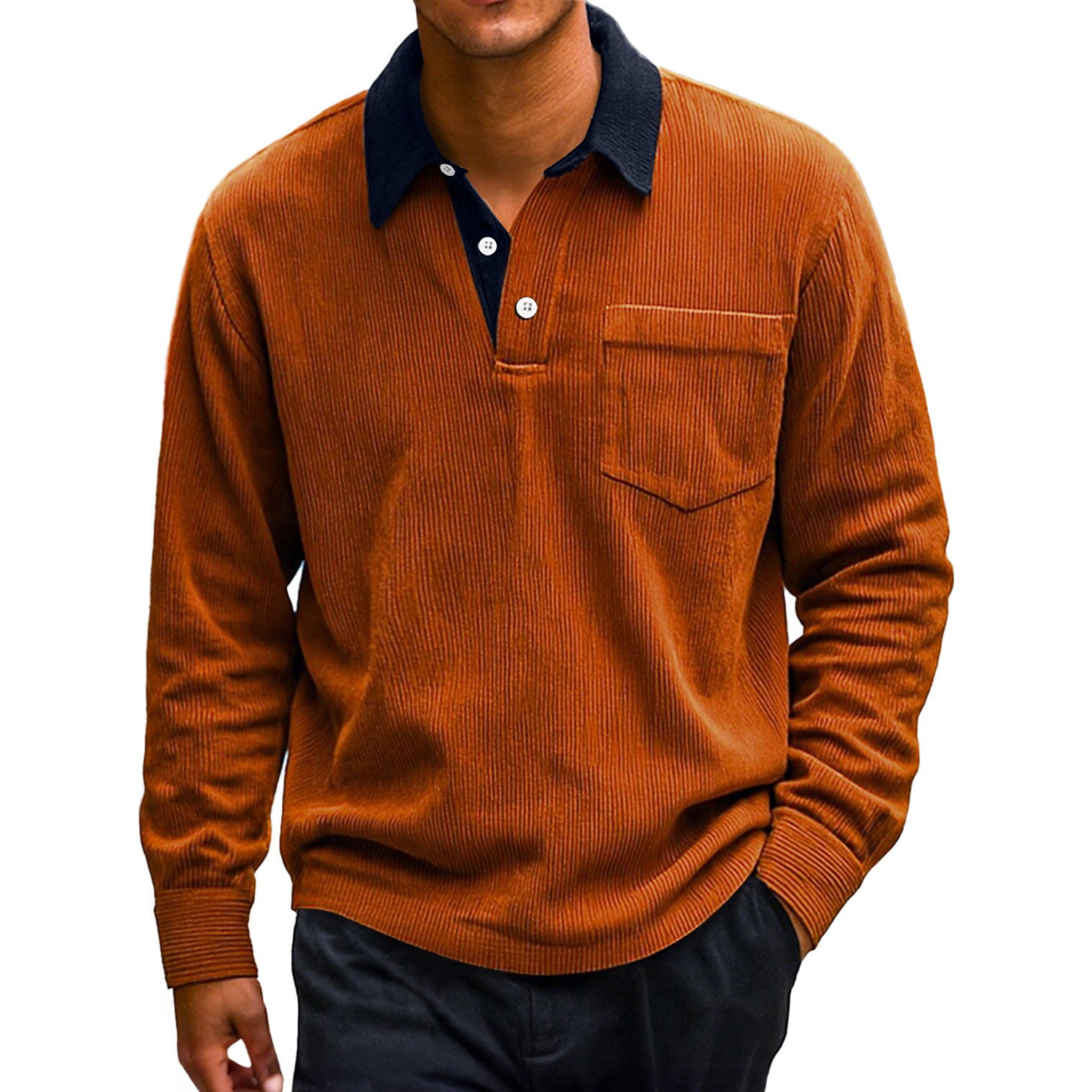 Lockeres, lässiges Poloshirt aus Cord mit Farbblockdesign und langen Ärmeln