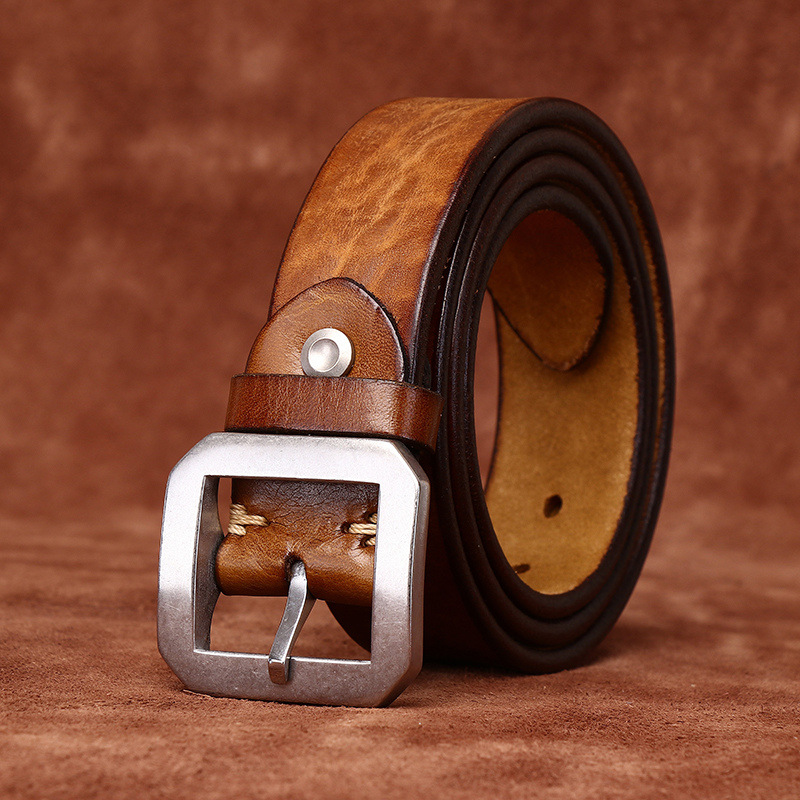 Vintage Genuine Leather Silver Buckle Belt Wide 3.8CM