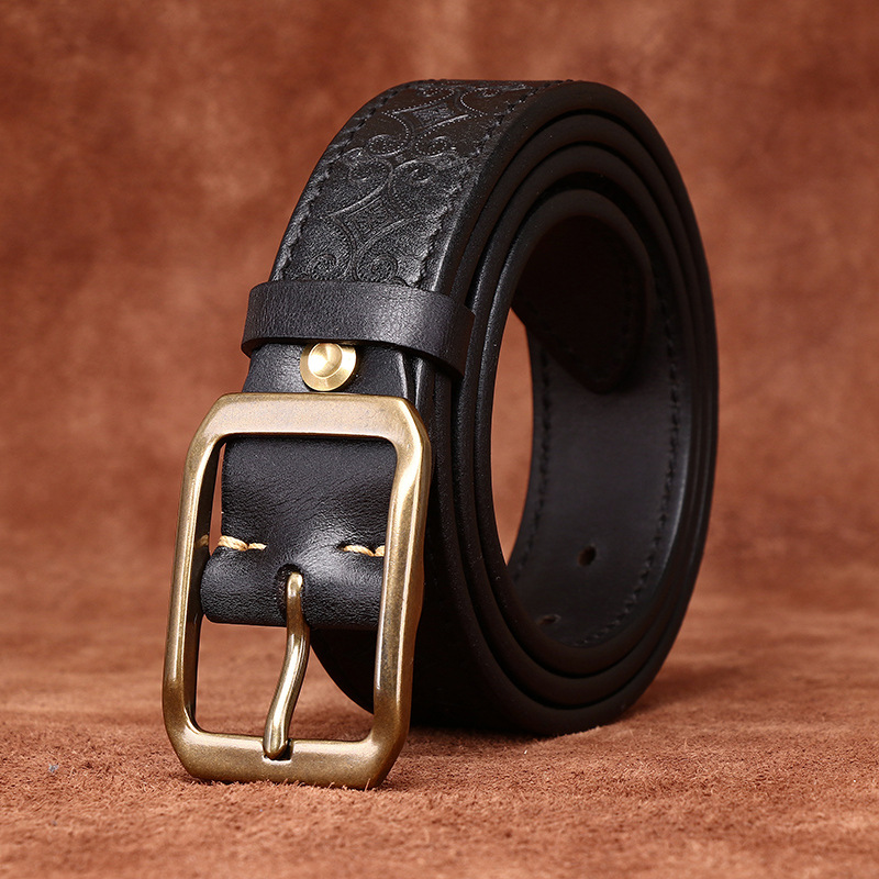 Genuine Leather Thickened Belt With Embossed Design 3.8cm