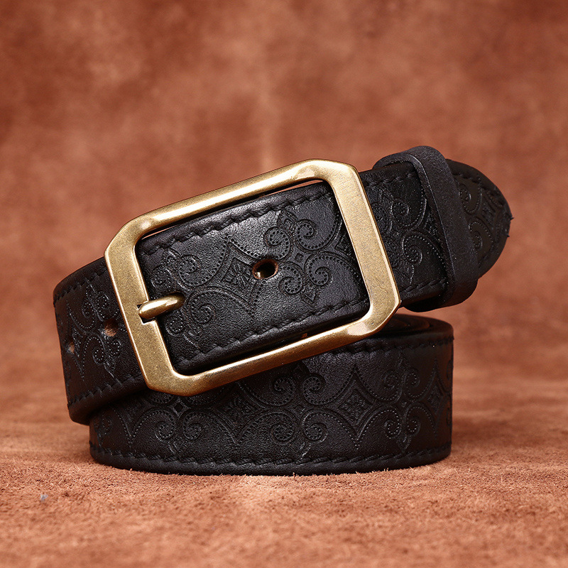 Genuine Leather Thickened Belt With Embossed Design 3.8cm