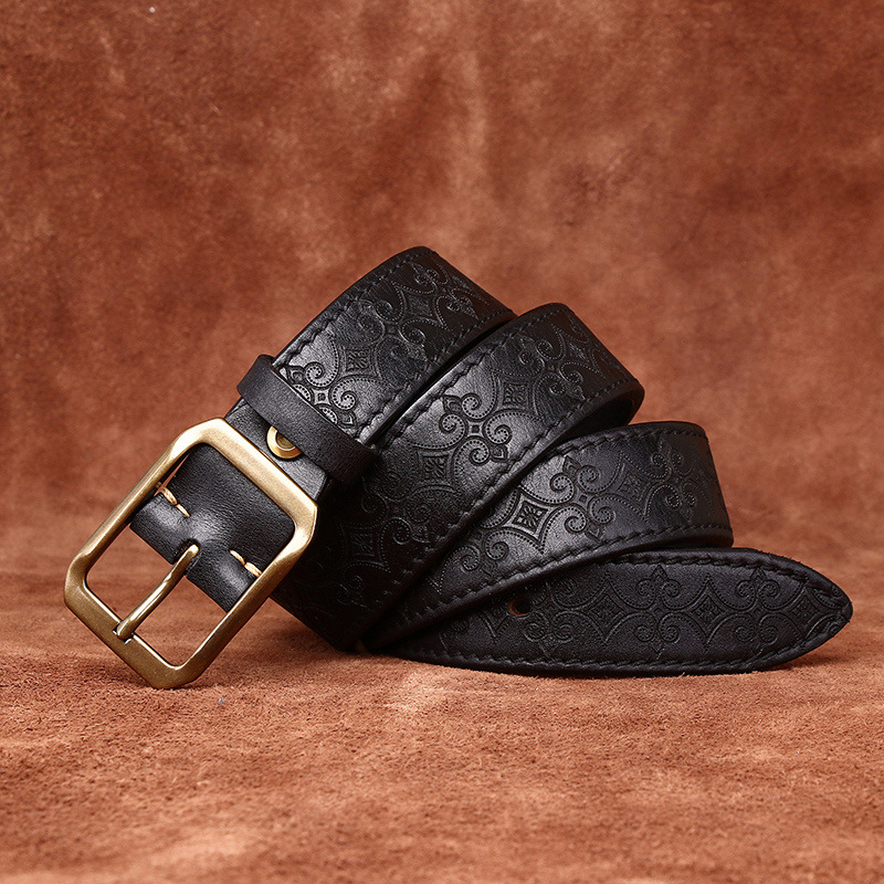 Genuine Leather Thickened Belt With Embossed Design 3.8cm