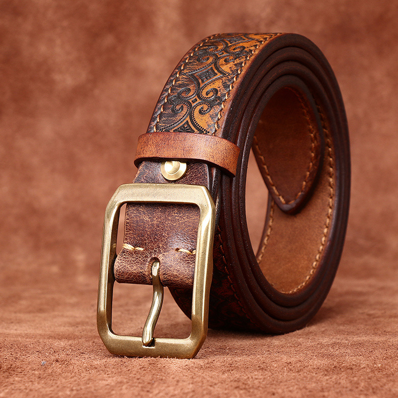Genuine Leather Thickened Belt With Embossed Design 3.8cm