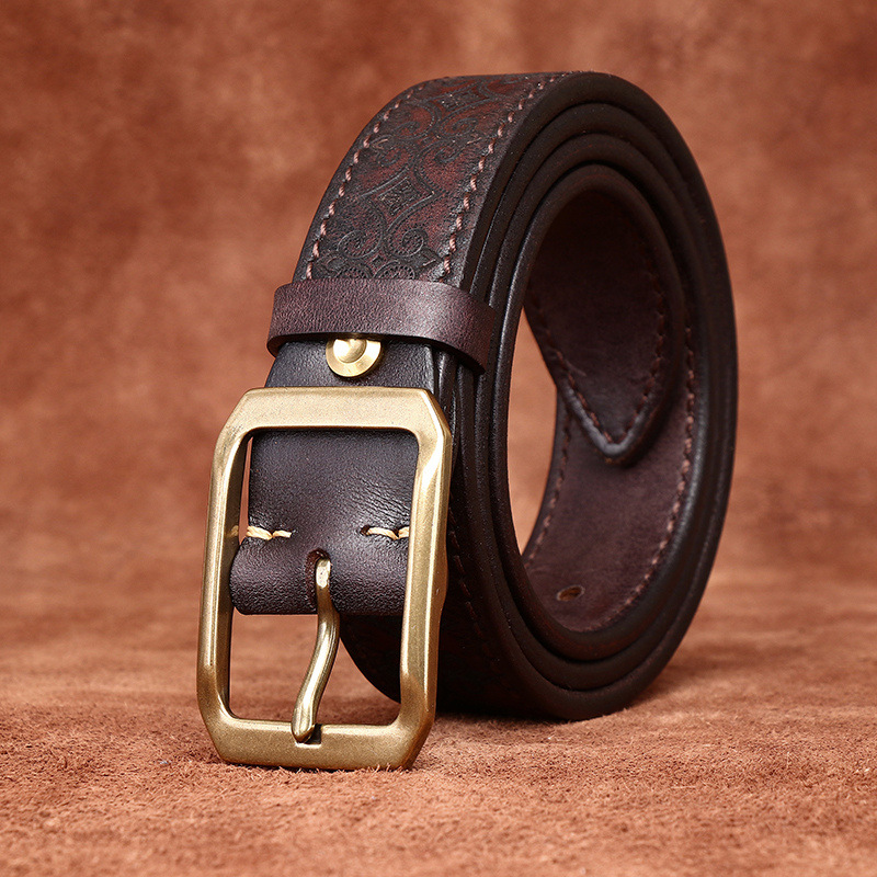 Genuine Leather Thickened Belt With Embossed Design 3.8cm