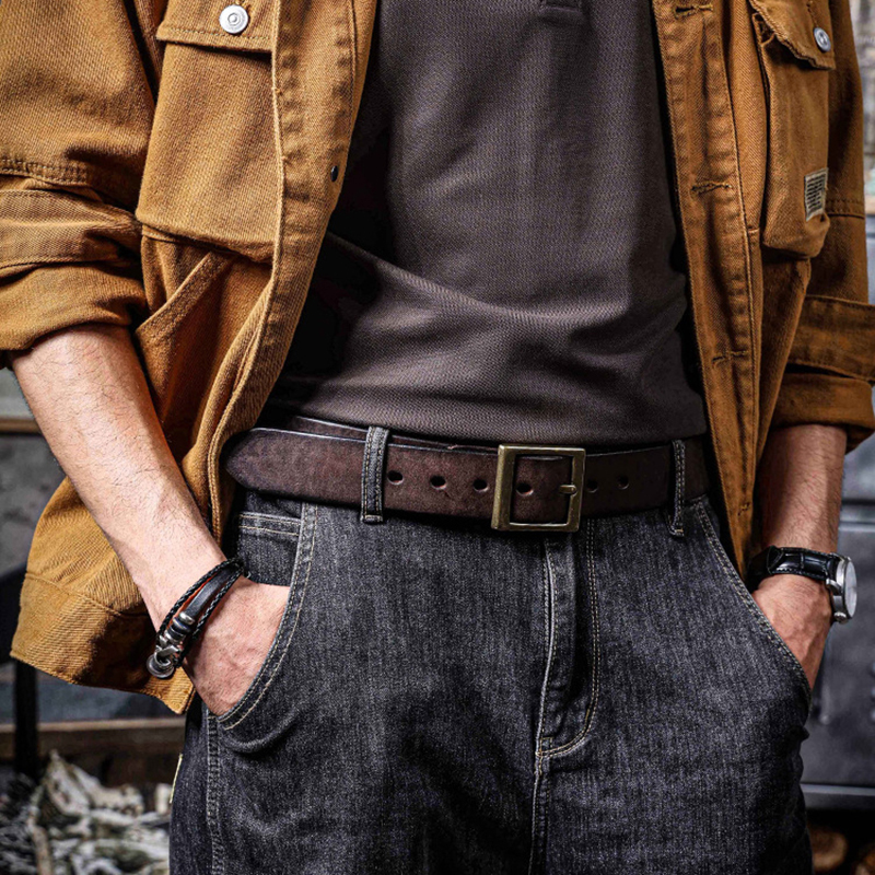 Vincenzo Brass Genuine Leather Antique Gold Buckle Belt Wide 3.8CM