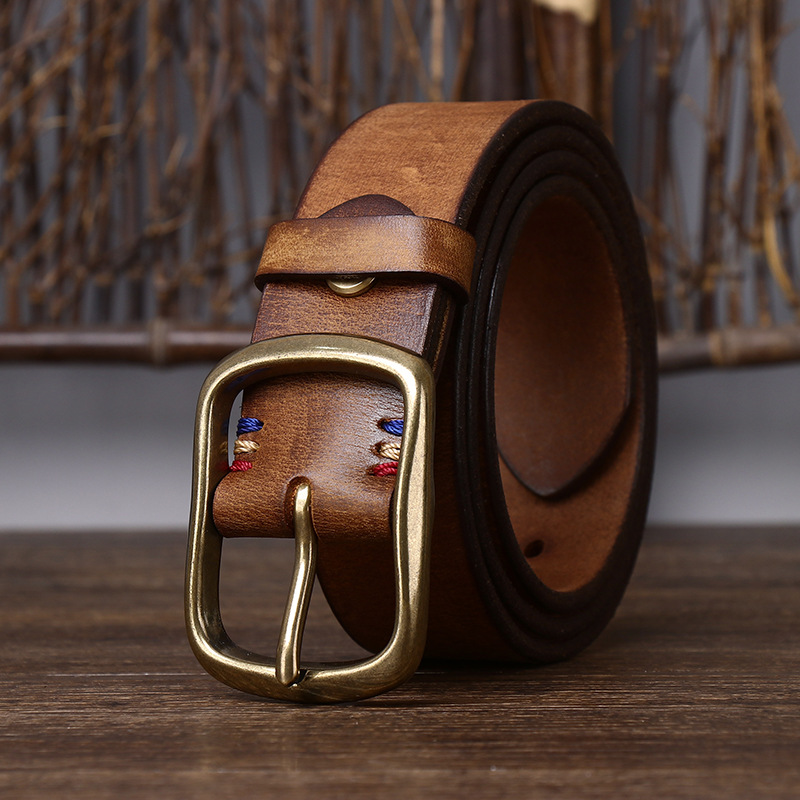 Vintage Brass Buckle Genuine Leather Belt Wide 3.8CM