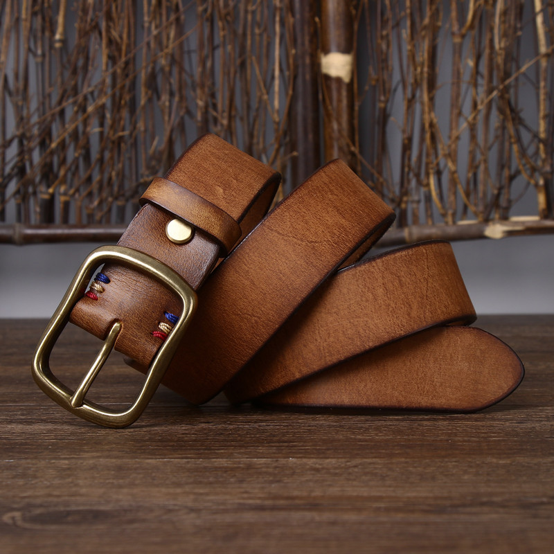 Vintage Brass Buckle Genuine Leather Belt Wide 3.8CM