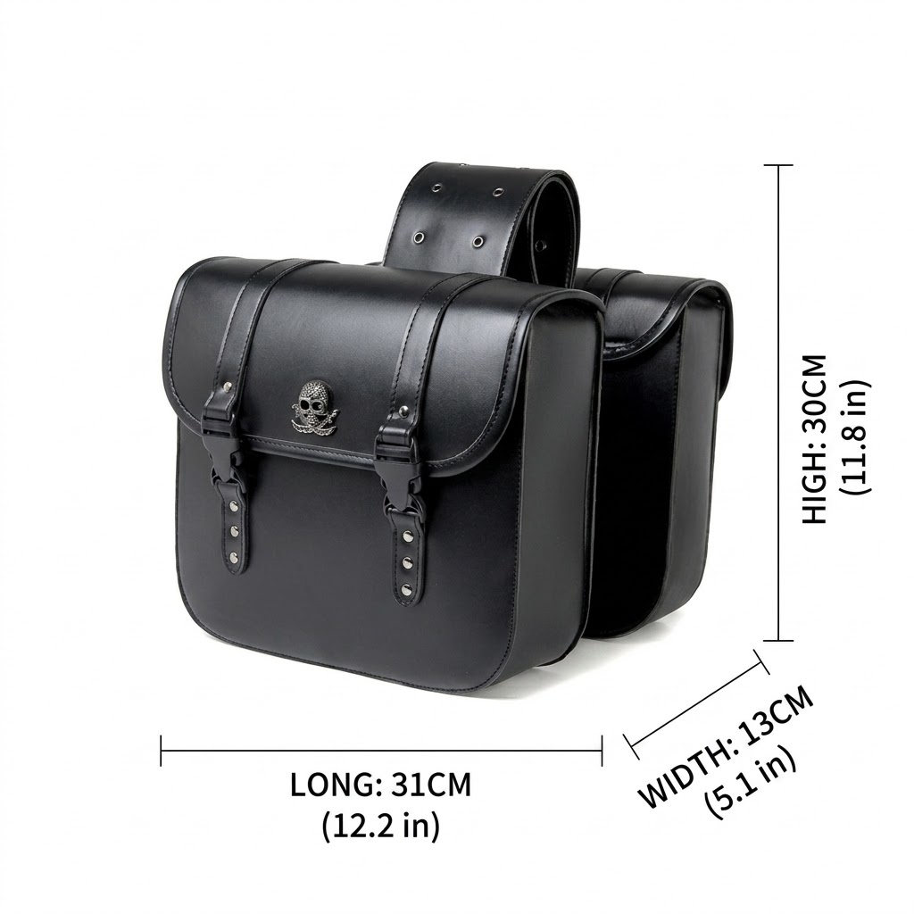 Handcrafted Motorcycle Saddlebag with Skull Emblem – Minimalist Black Leather Side Bag MTB10