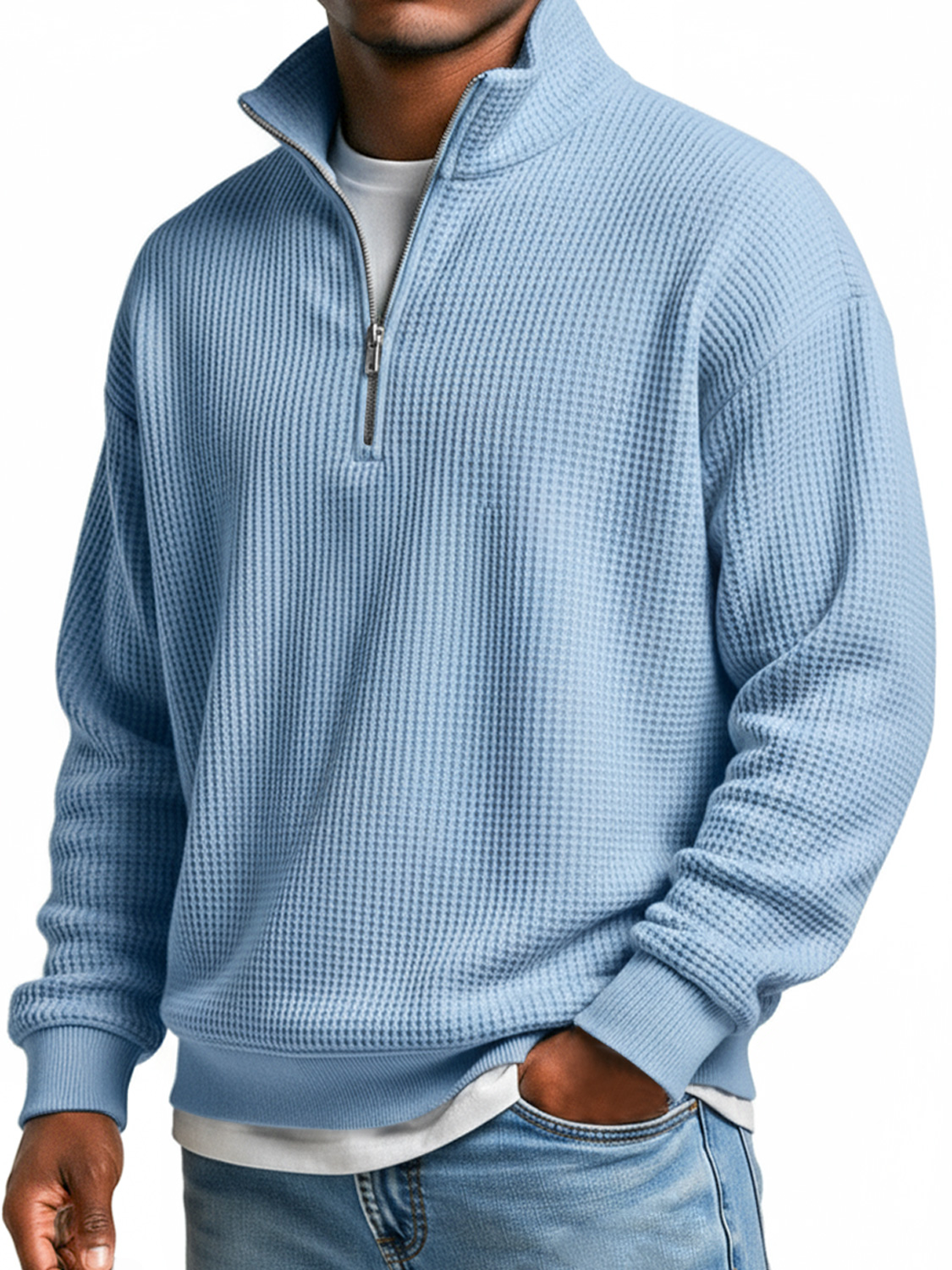 Men's Everyday Waffle Stand Collar Zipper Casual Long Sleeve T-shirt