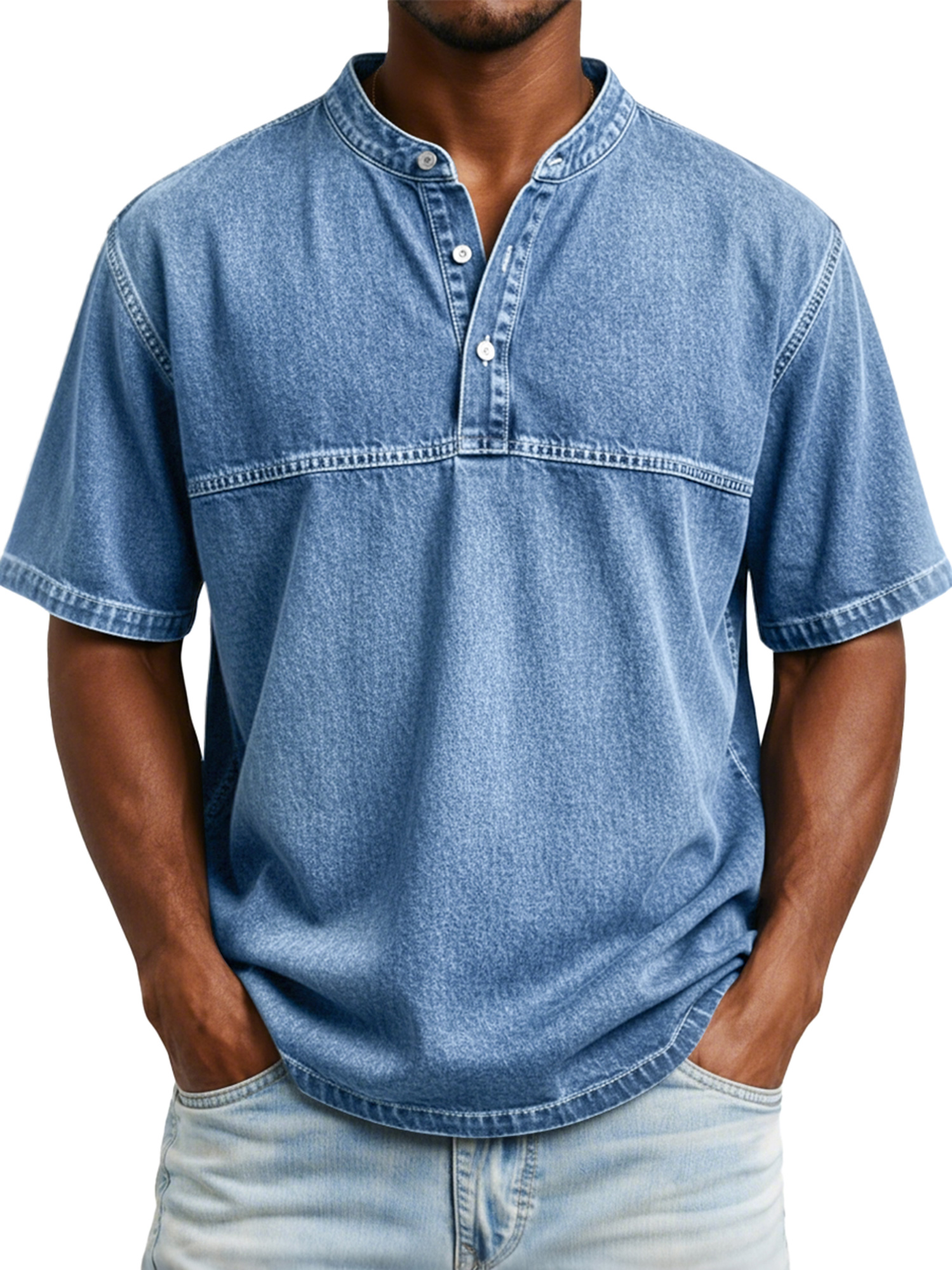Men's Vintage-style Short-sleeved Henley Shirt With Contrasting Stitching Design