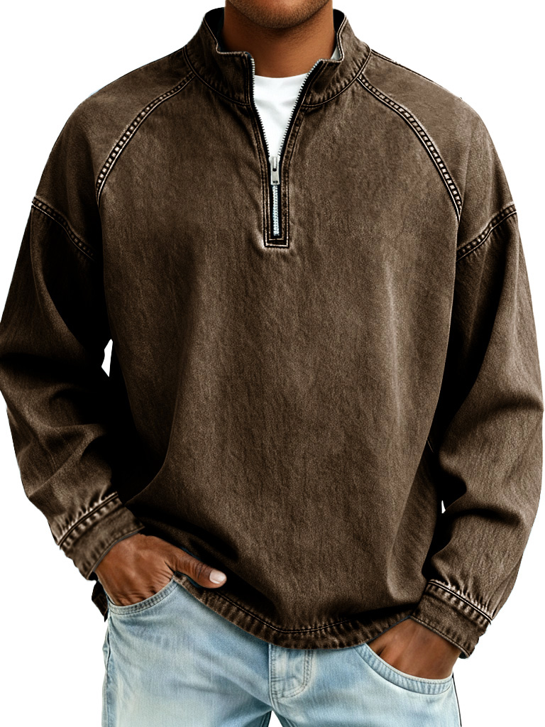 Herren-Langarmshirt im Retro-Stil mit Raglanärmeln und Stehkragen Used-Look