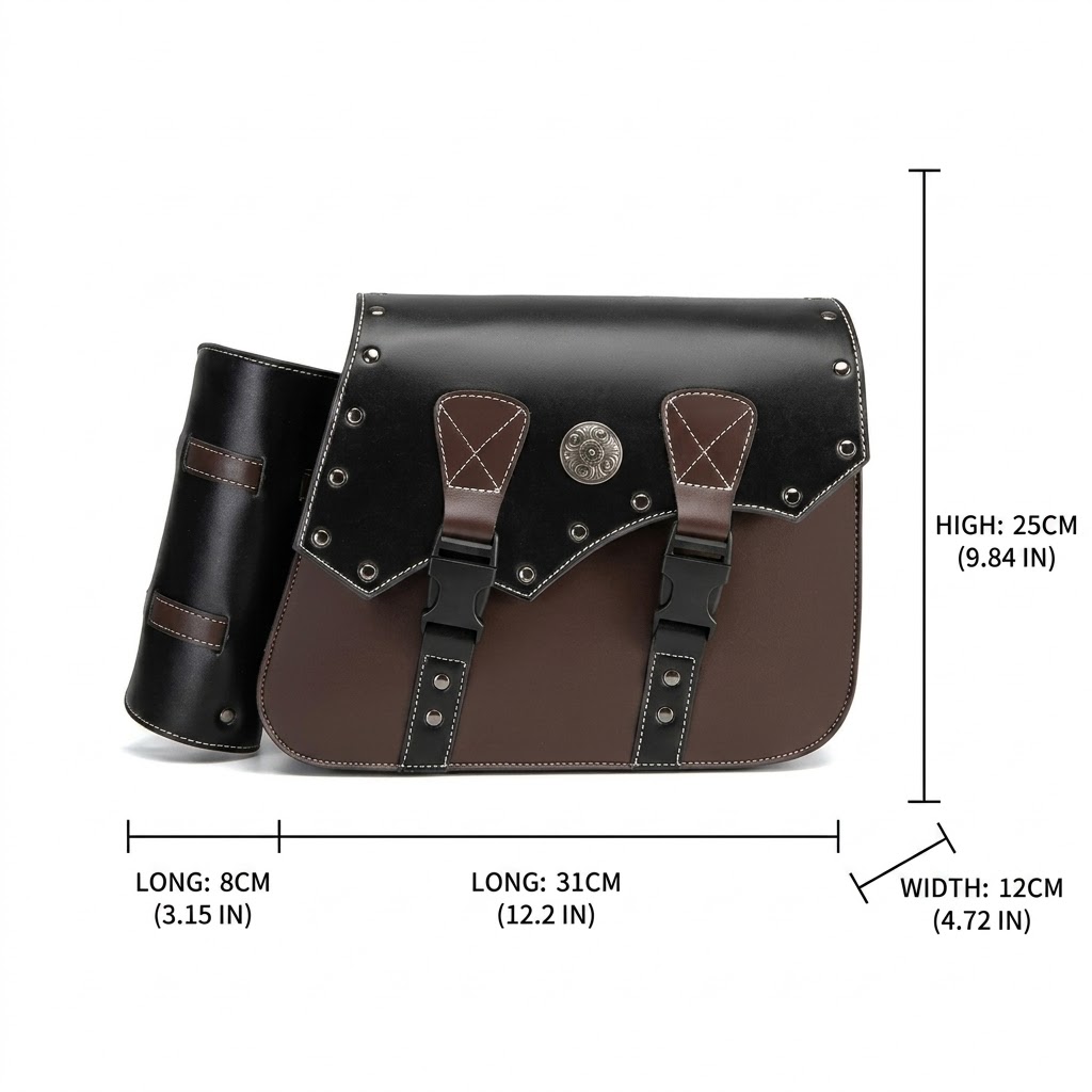 Vintage Two-Tone Motorcycle Saddlebags – Studded Leather Side Luggage with Bottle Holders for Cruisers MTB03