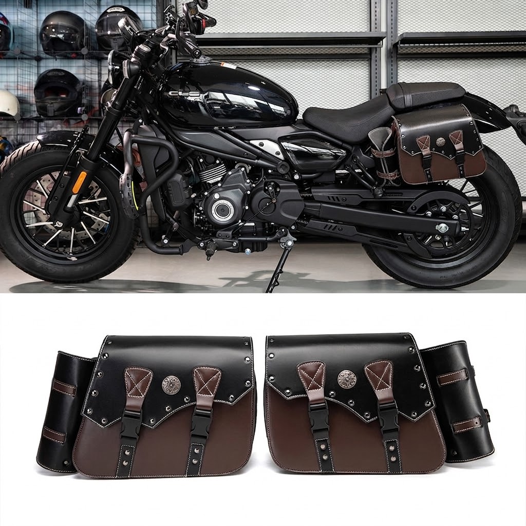 Vintage Two-Tone Motorcycle Saddlebags – Studded Leather Side Luggage with Bottle Holders for Cruisers MTB03