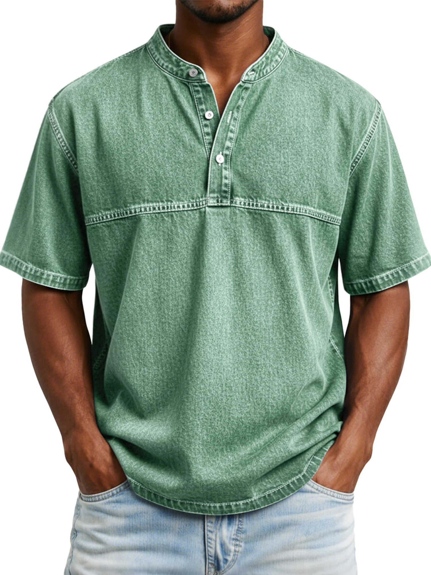 Men's Vintage-style Short-sleeved Henley Shirt With Contrasting Stitching Design