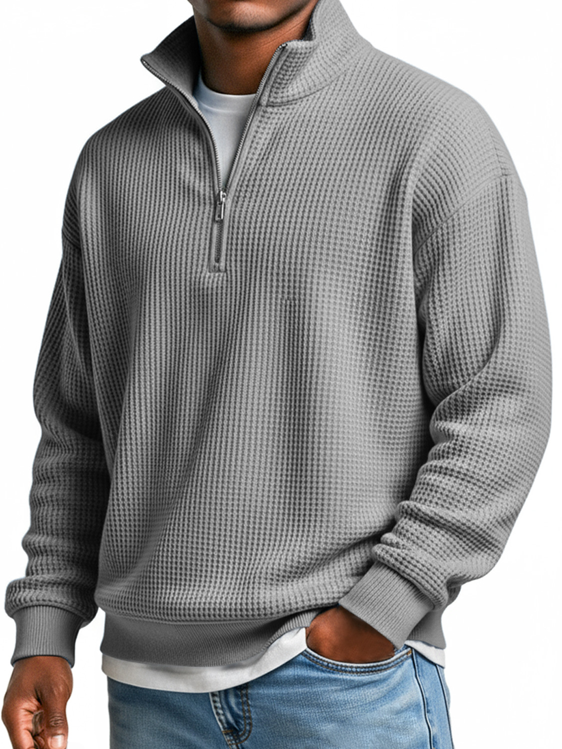Men's Everyday Waffle Stand Collar Zipper Casual Long Sleeve T-shirt