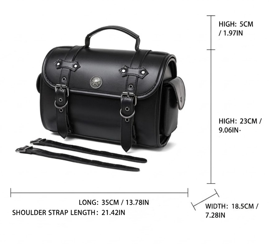 Retro Star Black Motorcycle Tool Bag & Side Pouch - Wear-Resistant Genuine Cowhide, Universal Fit MTB01