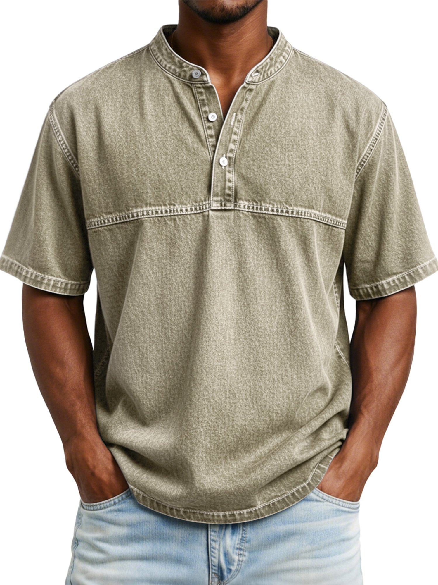 Men's Vintage-style Short-sleeved Henley Shirt With Contrasting Stitching Design
