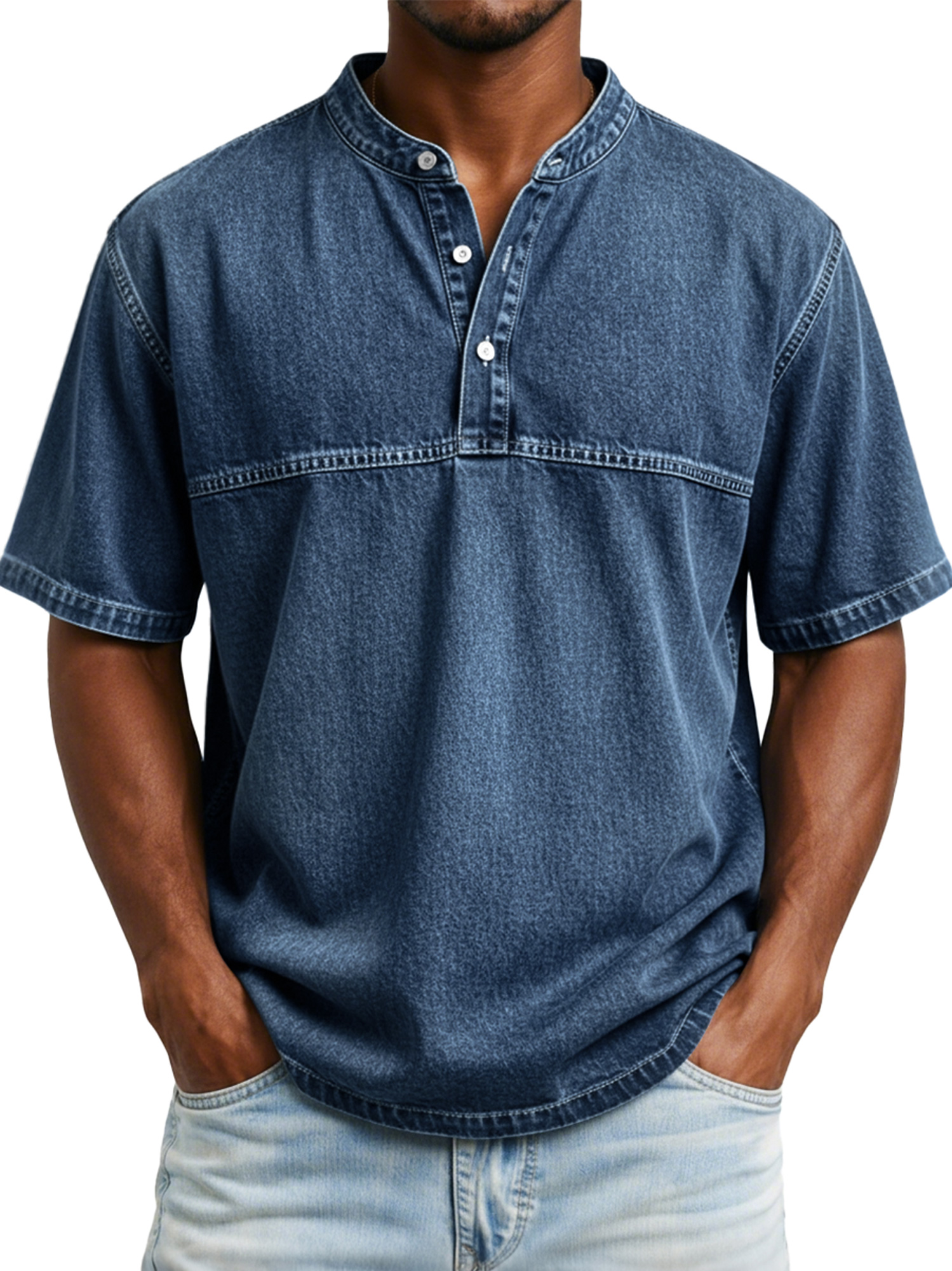 Men's Vintage-style Short-sleeved Henley Shirt With Contrasting Stitching Design