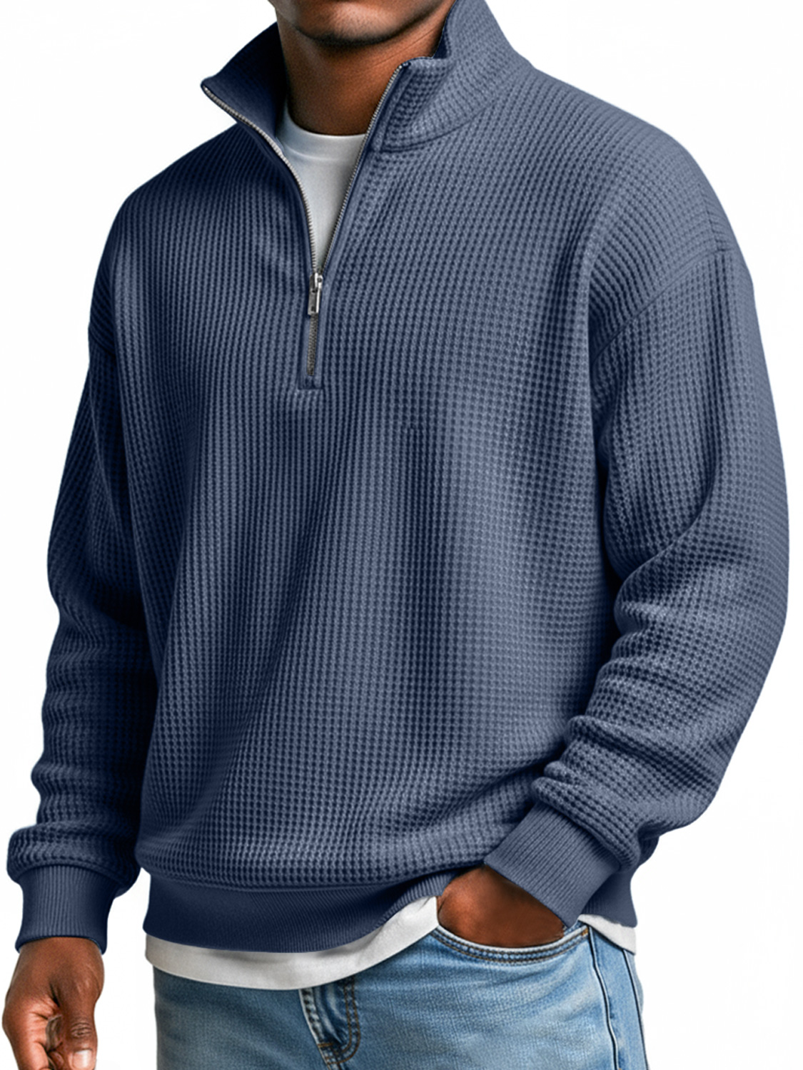 Men's Everyday Waffle Stand Collar Zipper Casual Long Sleeve T-shirt