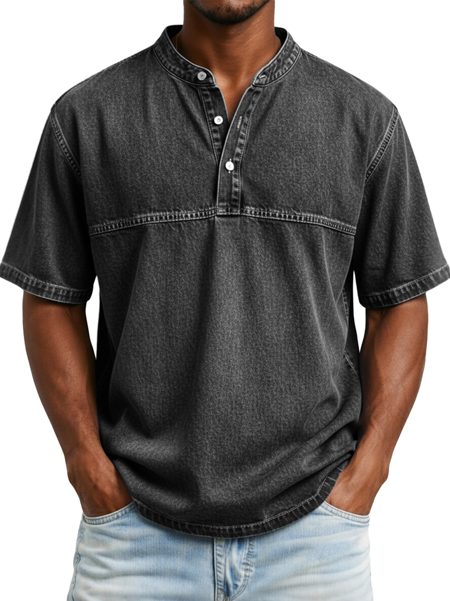 Men's Vintage-style Short-sleeved Henley Shirt With Contrasting Stitching Design