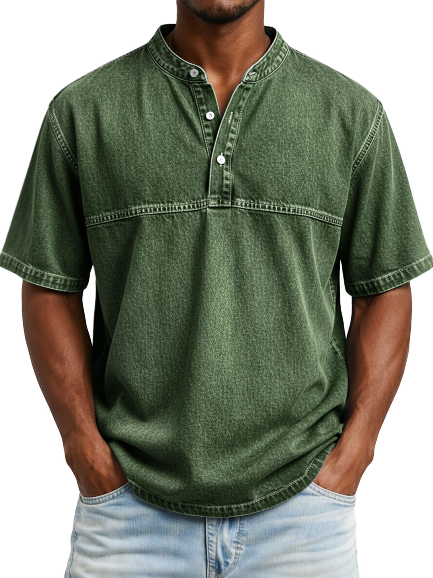 Men's Vintage-style Short-sleeved Henley Shirt With Contrasting Stitching Design