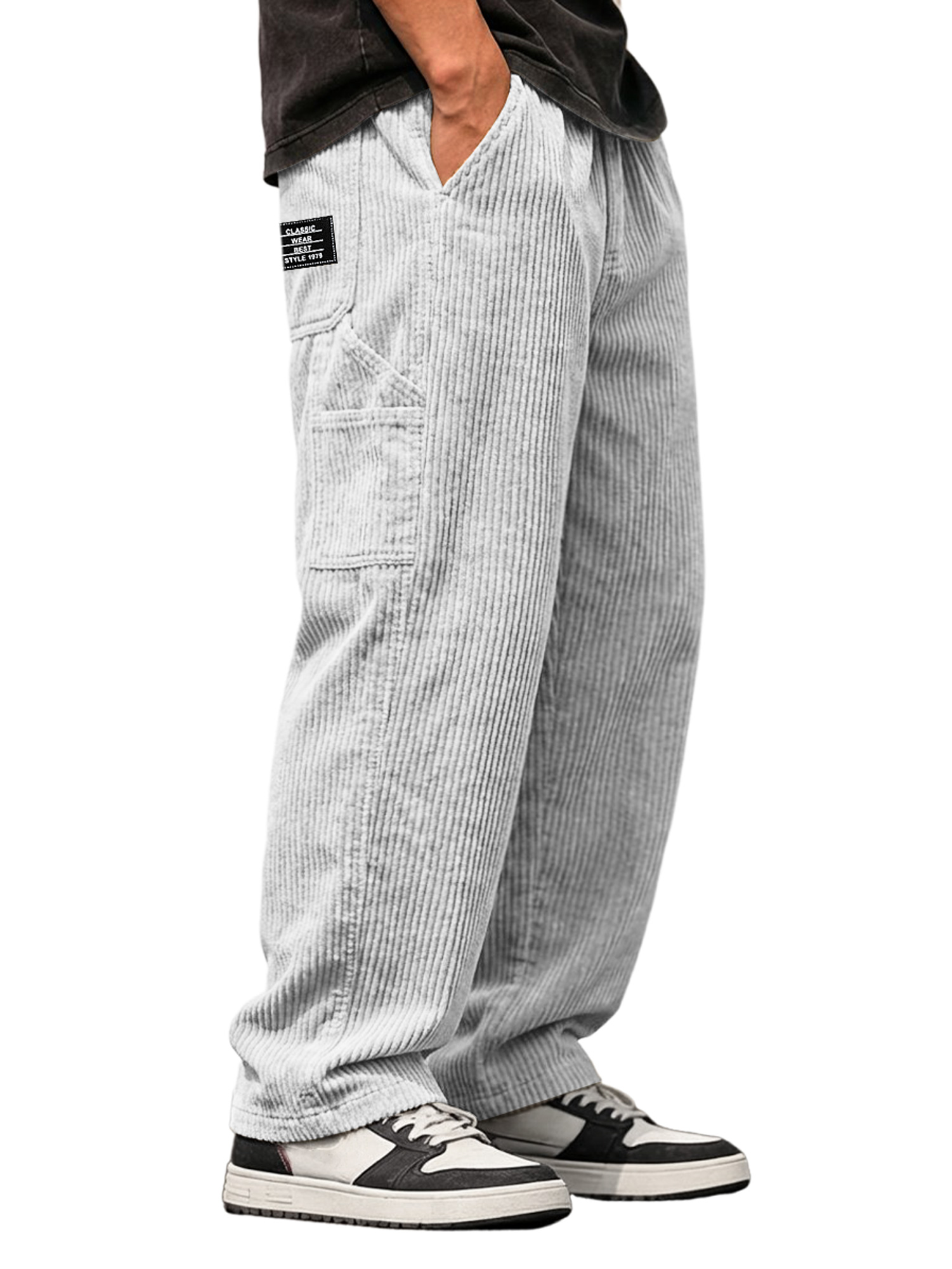 Vintage-Cordhose für Herren mit mehreren Taschen lässiger Arbeitshose und gesticktem Logo