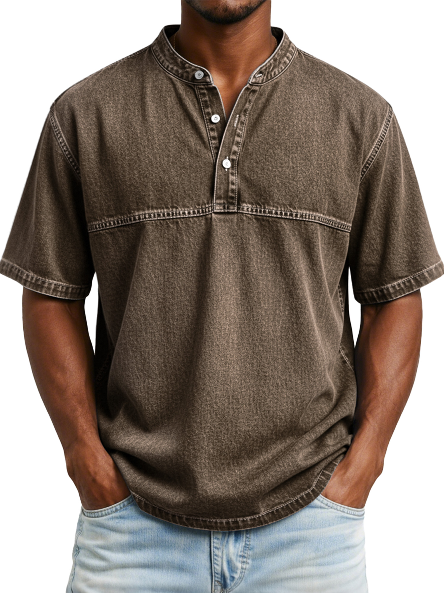 Men's Vintage-style Short-sleeved Henley Shirt With Contrasting Stitching Design