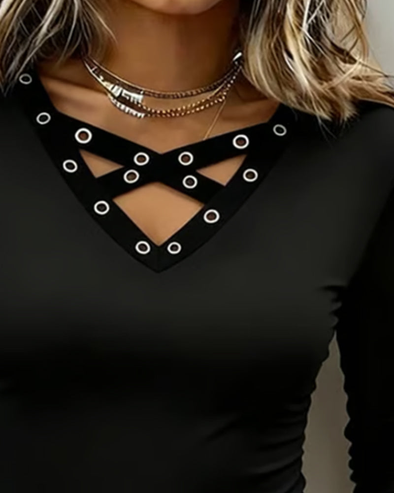 Top mit gekreuztem V-Ausschnitt und langen Ärmeln