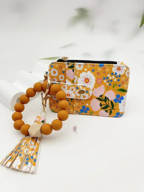 Boho-Schlüsselanhänger für Damen mit Quasten und Perlen – mit Geldbörse im Blumendruck