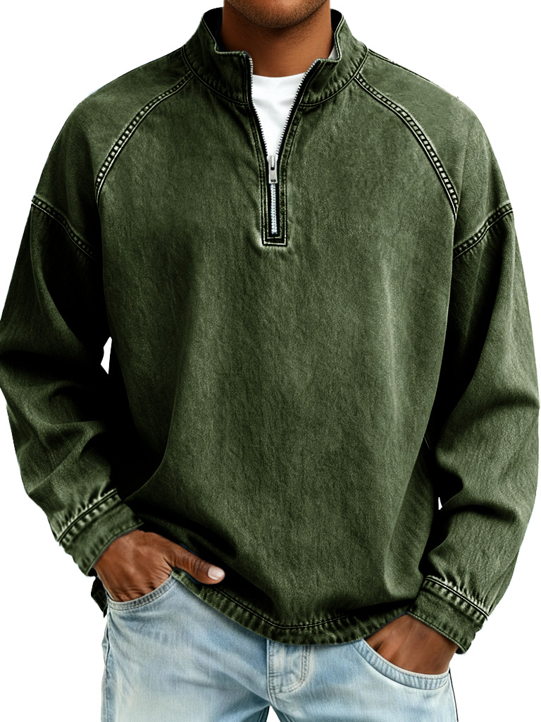 Herren-Langarmshirt im Retro-Stil mit Raglanärmeln und Stehkragen Used-Look