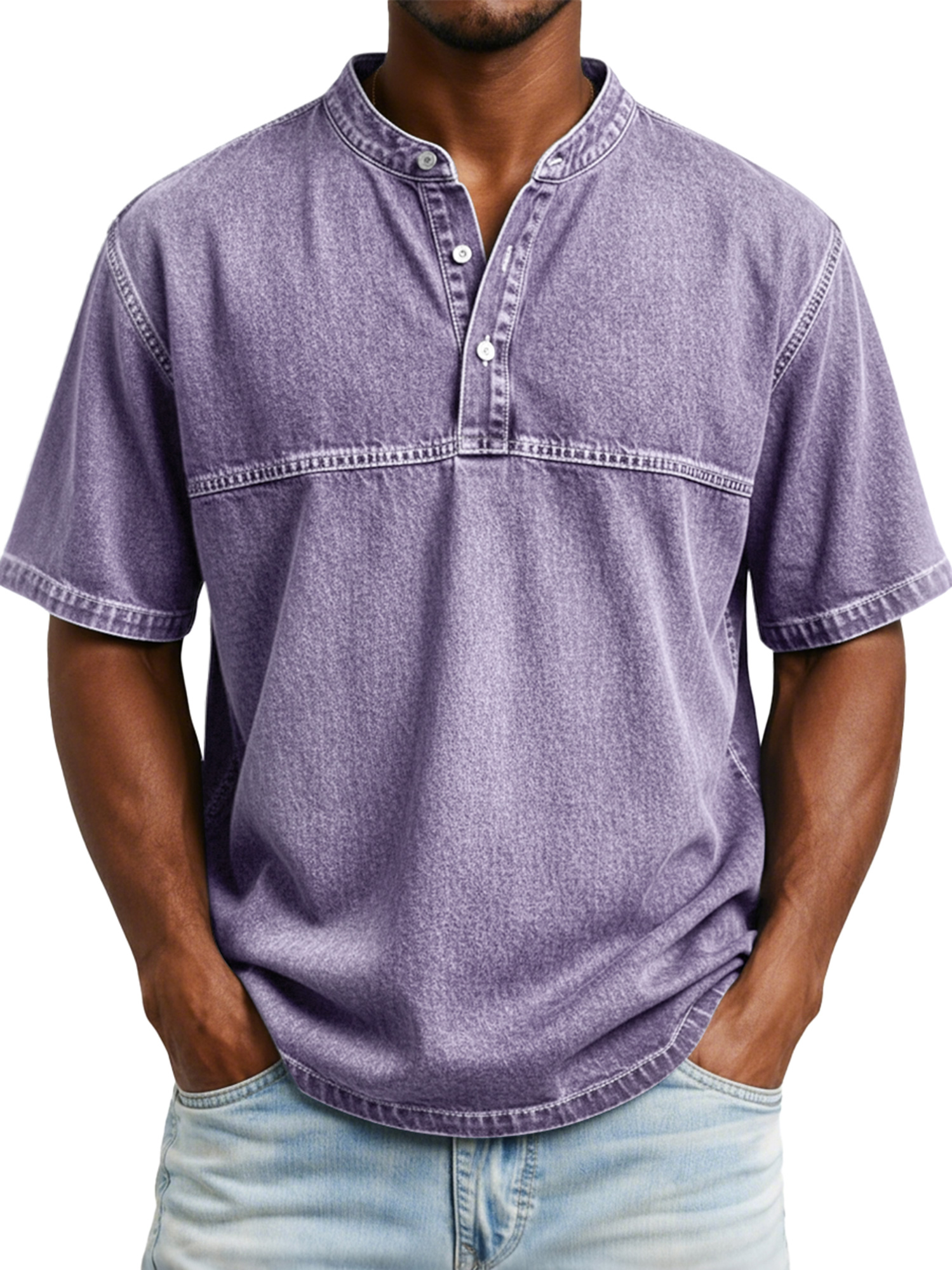 Men's Vintage-style Short-sleeved Henley Shirt With Contrasting Stitching Design