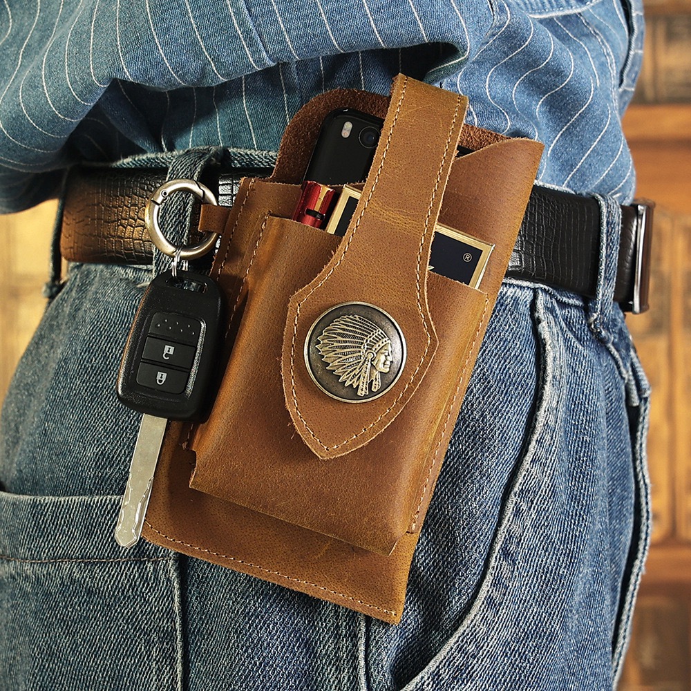 Men's Crazy Horse Leather Retro Phone Waist Bag