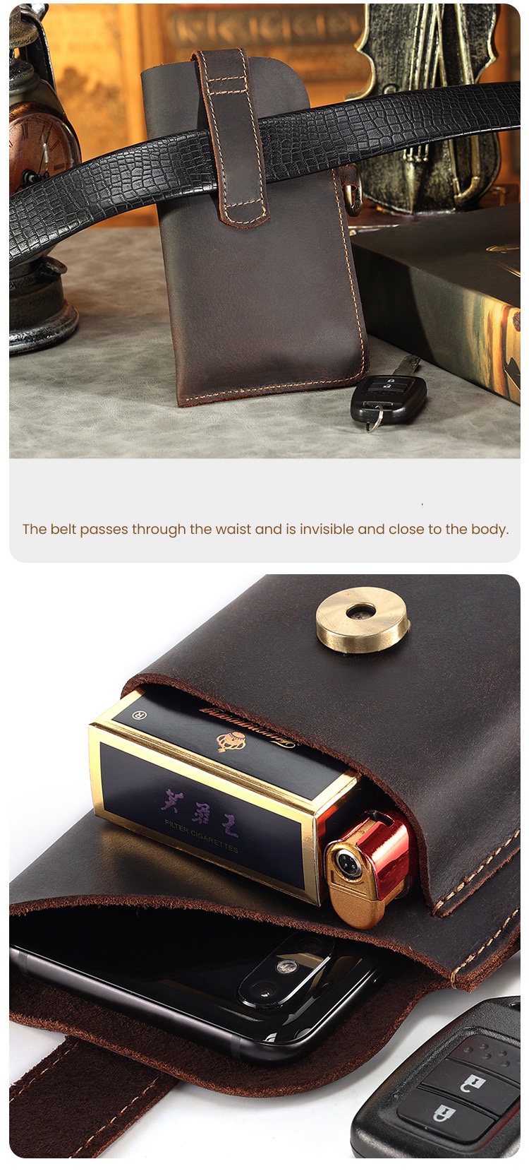 Men's Crazy Horse Leather Retro Phone Waist Bag