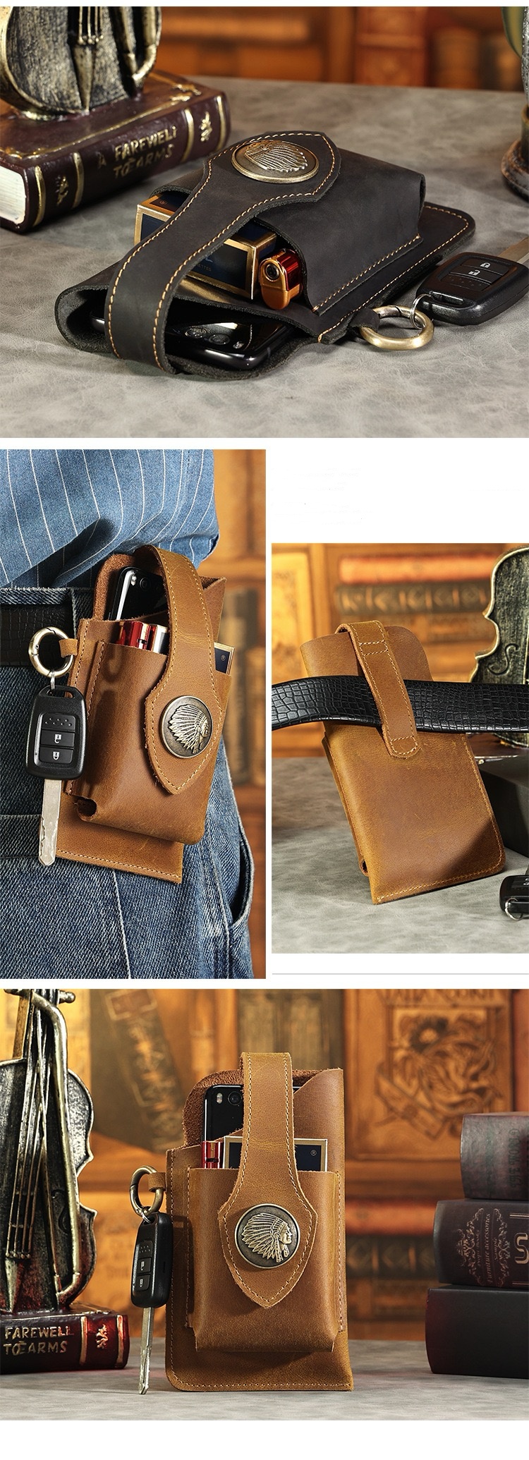 Men's Crazy Horse Leather Retro Phone Waist Bag
