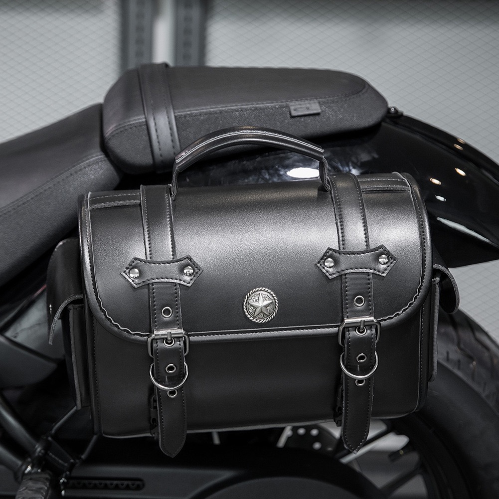 Retro Star Black Motorcycle Tool Bag & Side Pouch - Wear-Resistant Genuine Cowhide, Universal Fit MTB01