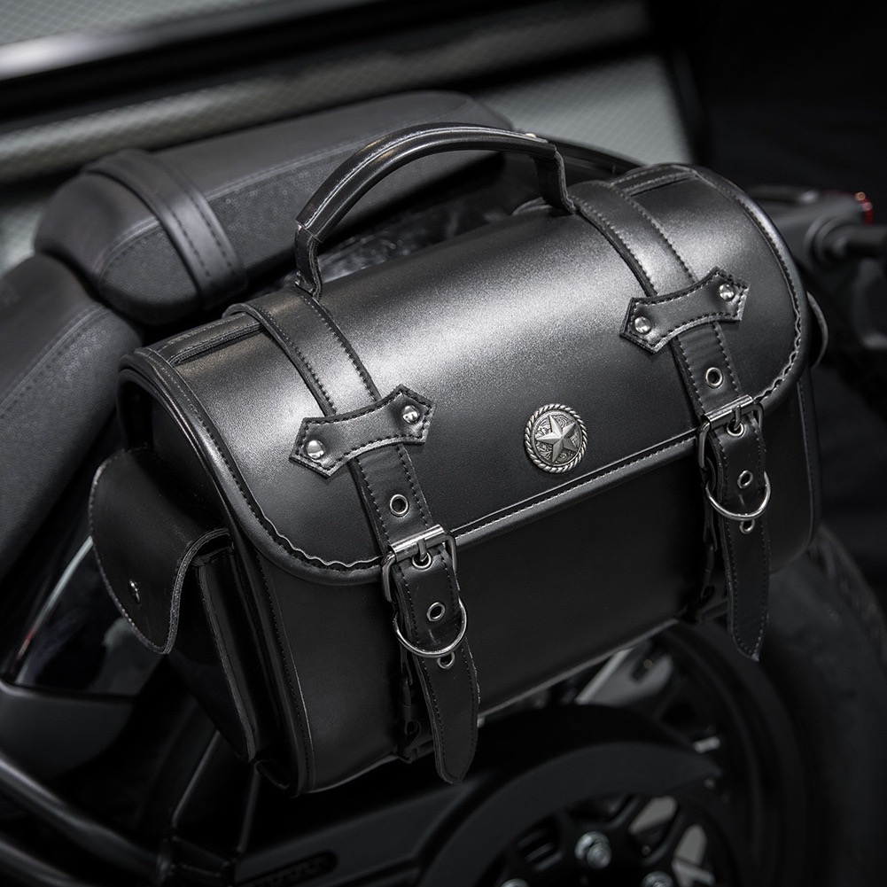 Retro Star Black Motorcycle Tool Bag & Side Pouch - Wear-Resistant Genuine Cowhide, Universal Fit MTB01