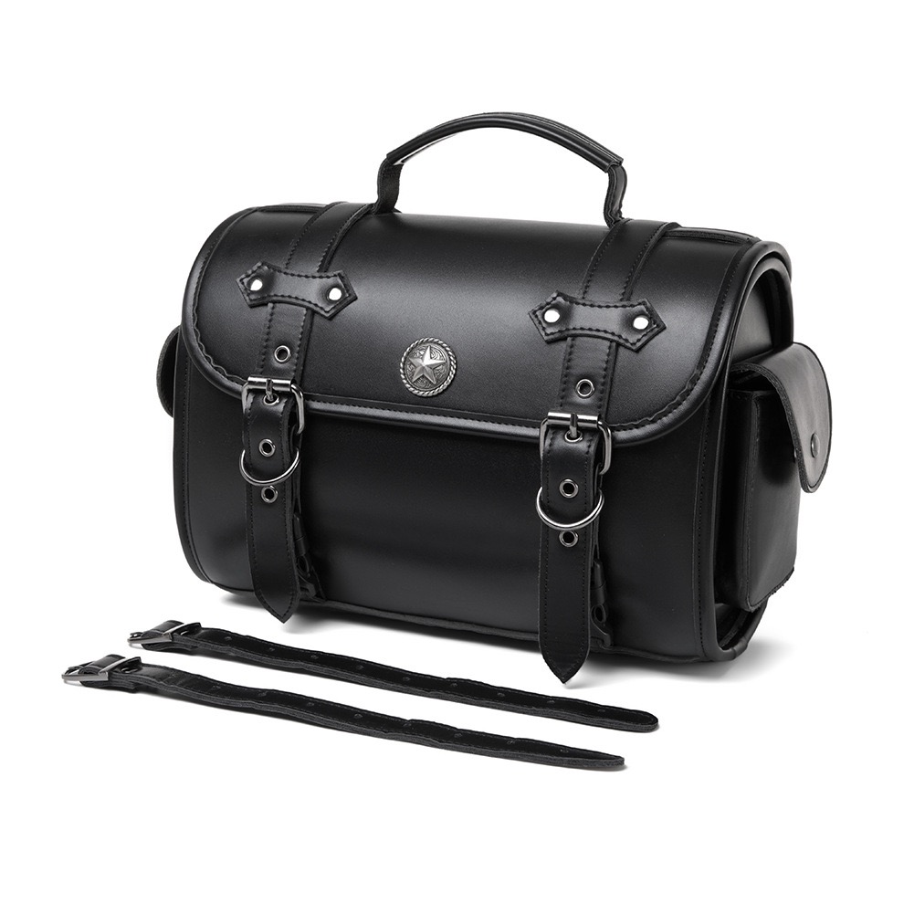 Retro Star Black Motorcycle Tool Bag & Side Pouch - Wear-Resistant Genuine Cowhide, Universal Fit MTB01