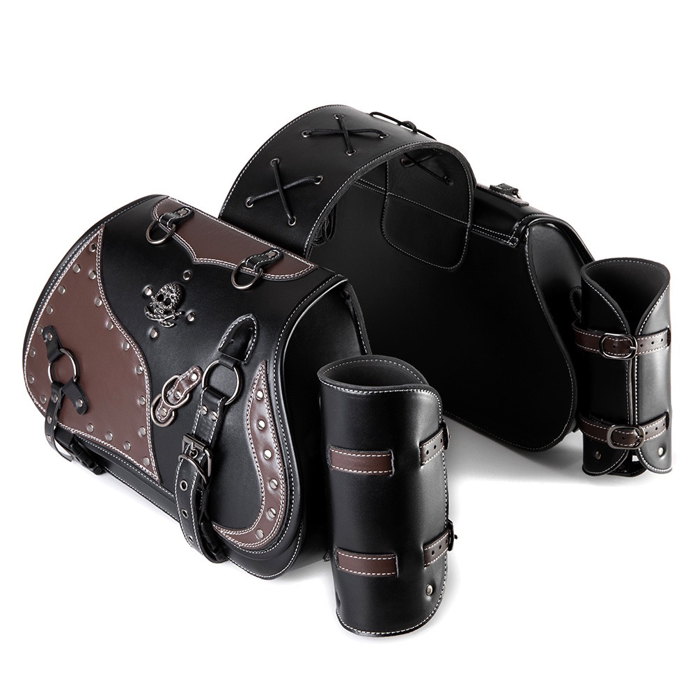 Studded Skull Saddlebag | Two-Tone Vintage Motorcycle Side Bag MTB02