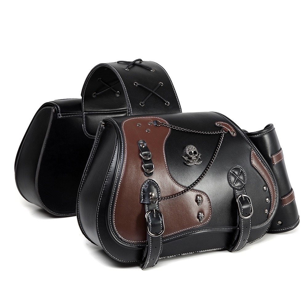Studded Skull Saddlebag | Two-Tone Vintage Motorcycle Side Bag MTB02