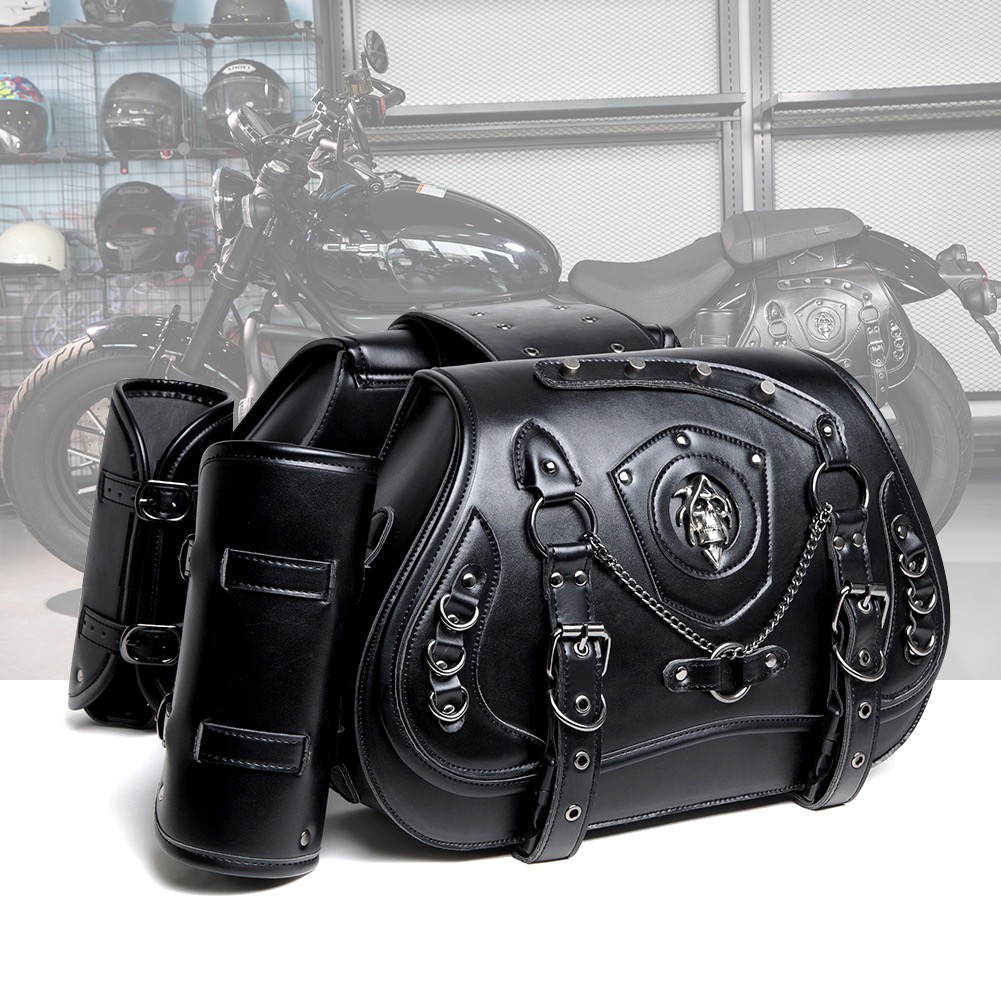 Dark Skull and Chain Embellished Motorcycle Side Bag with Water Bottle Cage MTB09