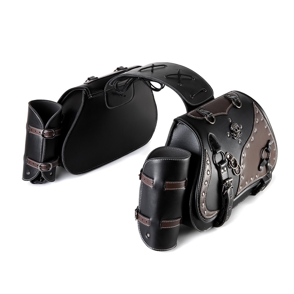 Studded Skull Saddlebag | Two-Tone Vintage Motorcycle Side Bag MTB02