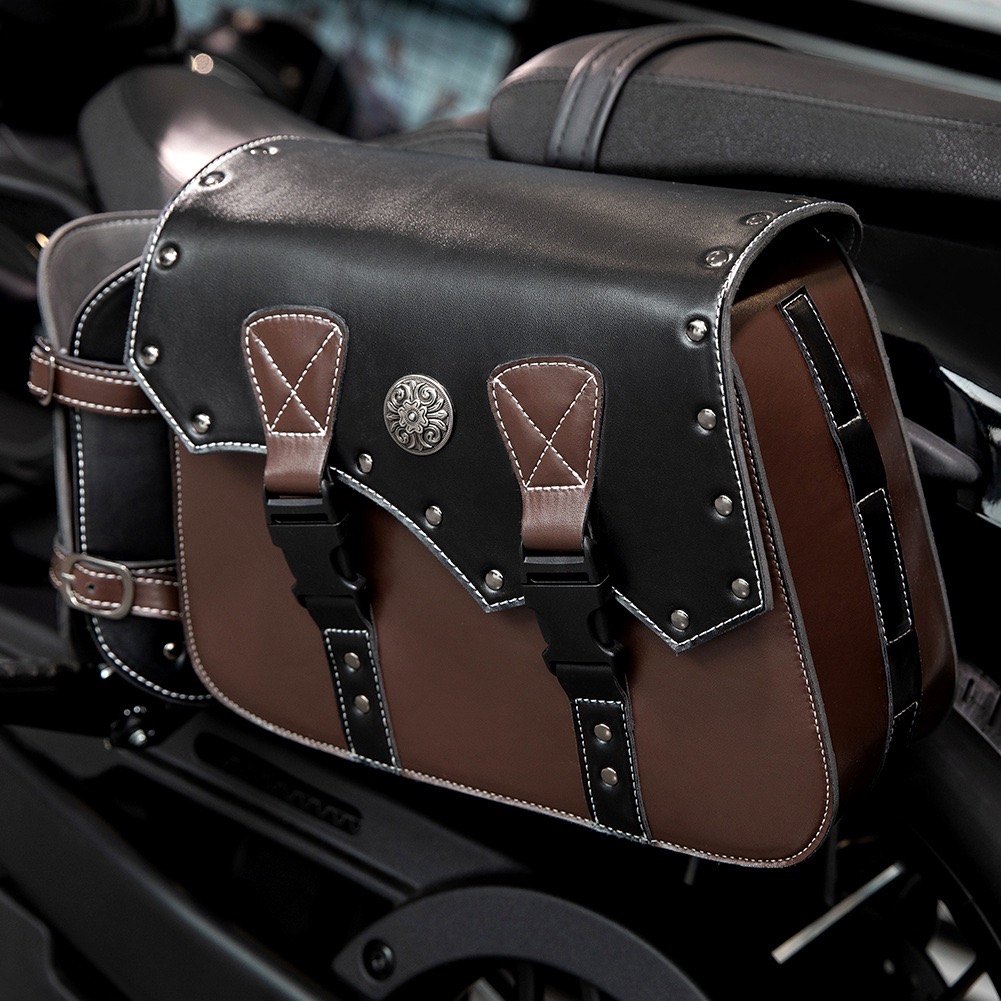 Vintage Two-Tone Motorcycle Saddlebags – Studded Leather Side Luggage with Bottle Holders for Cruisers MTB03