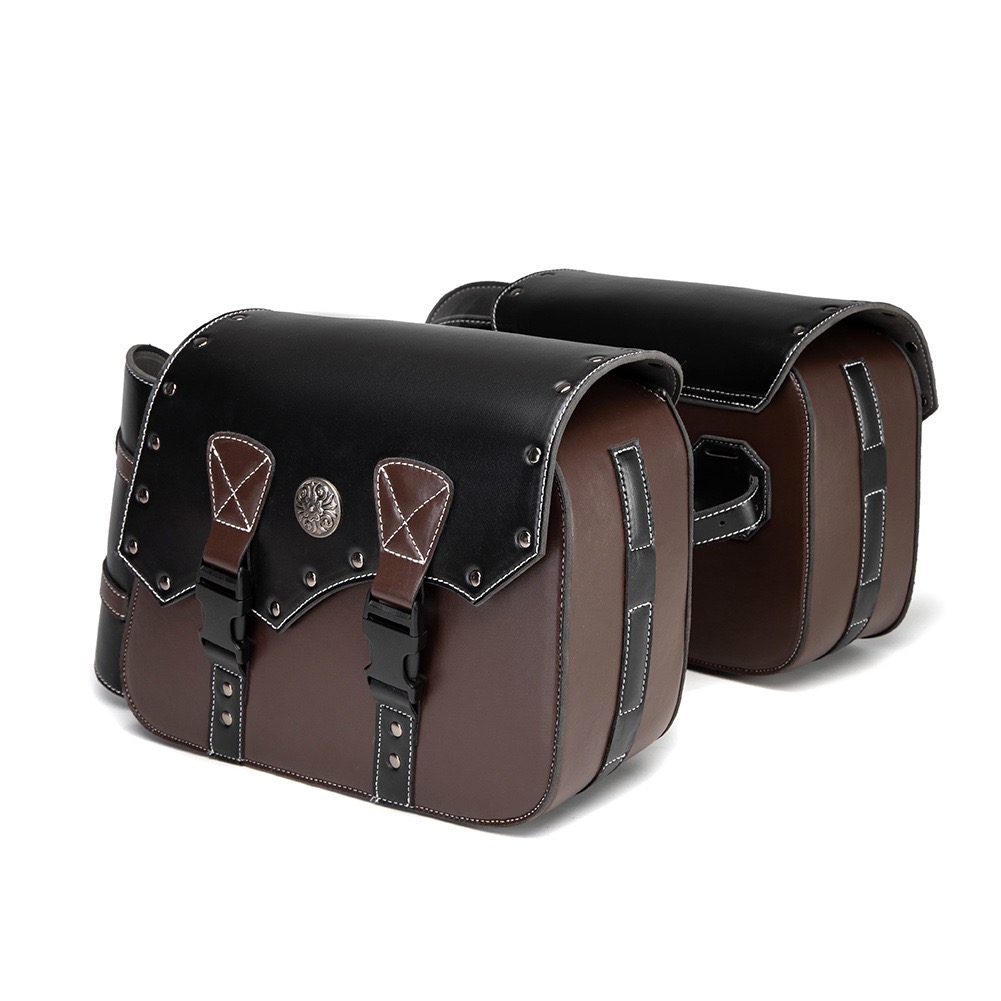 Vintage Two-Tone Motorcycle Saddlebags – Studded Leather Side Luggage with Bottle Holders for Cruisers MTB03