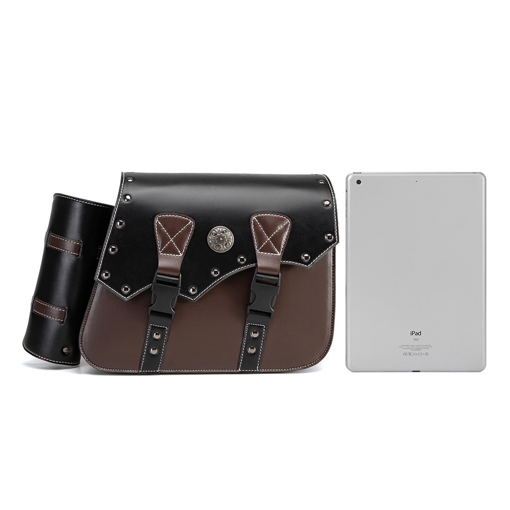 Vintage Two-Tone Motorcycle Saddlebags – Studded Leather Side Luggage with Bottle Holders for Cruisers MTB03
