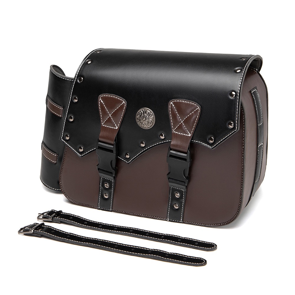 Vintage Two-Tone Motorcycle Saddlebags – Studded Leather Side Luggage with Bottle Holders for Cruisers MTB03
