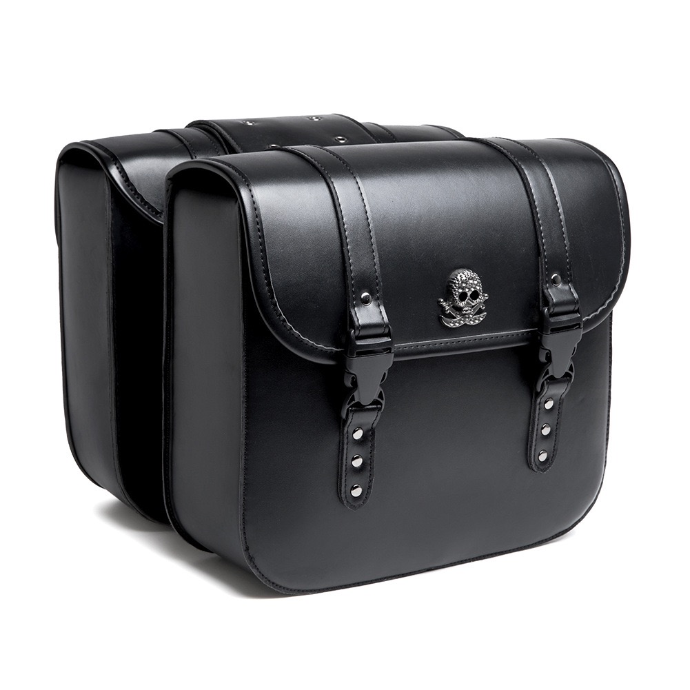 Handcrafted Motorcycle Saddlebag with Skull Emblem – Minimalist Black Leather Side Bag MTB10