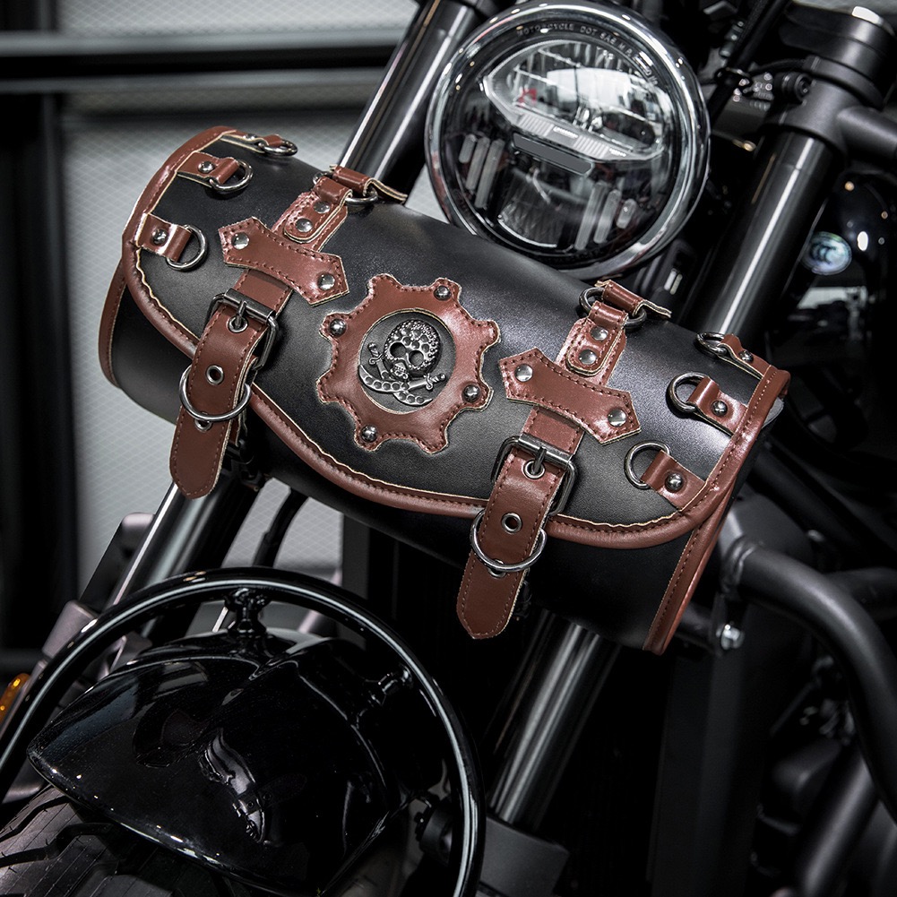 Handcrafted Motorcycle Tool Bag with Skull Emblem – Vintage Two-Tone Leather Fork Bag for Cruisers MTB04
