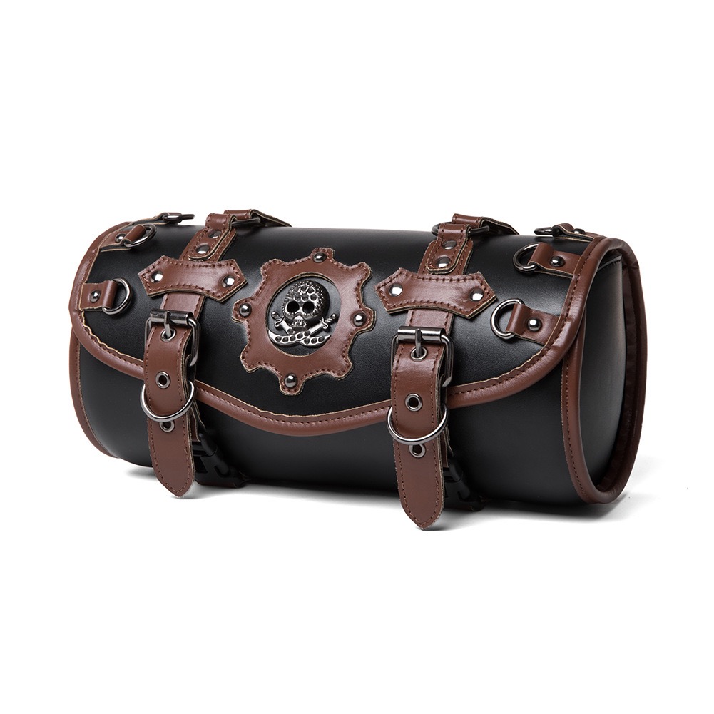 Handcrafted Motorcycle Tool Bag with Skull Emblem – Vintage Two-Tone Leather Fork Bag for Cruisers MTB04